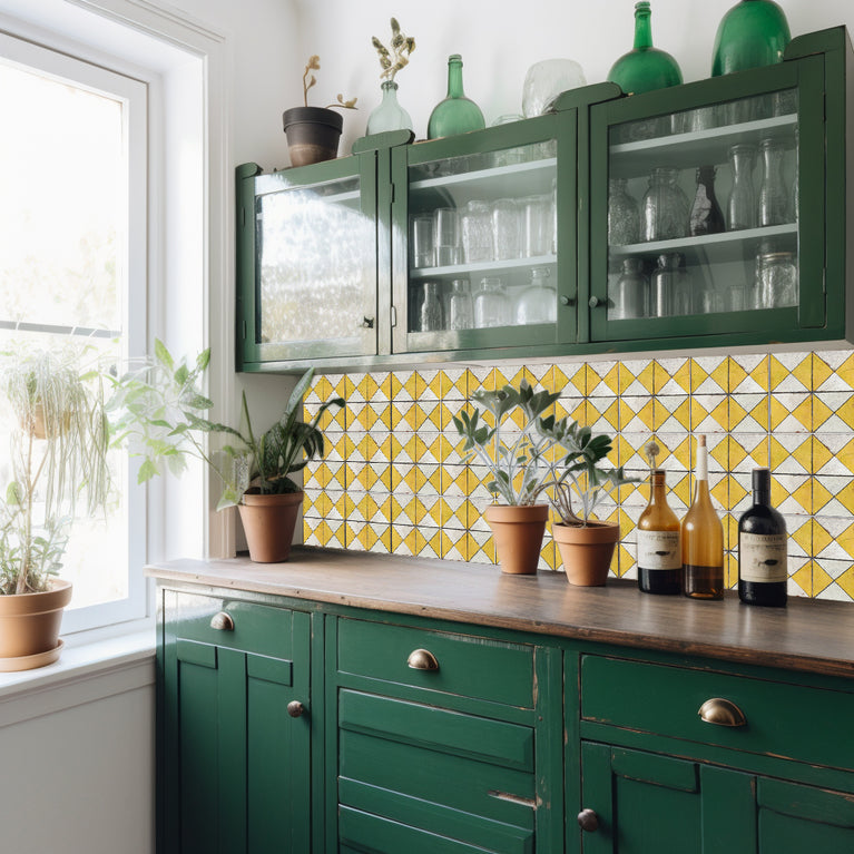 Yellow triangular pattern Tile Self-adhesive tiles Peel and stick stair treads Vintage tile, Kitchen Trends Vintage Decor Model -R160
