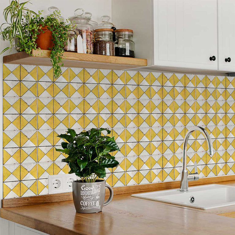 Yellow triangular pattern Tile Self-adhesive tiles Peel and stick stair treads Vintage tile, Kitchen Trends Vintage Decor Model -R160