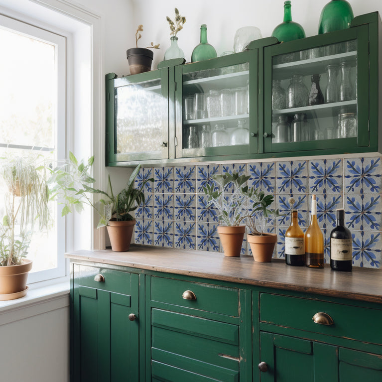 Blue Flower triangular pattern Tile Self-adhesive tiles Peel and stick stair treads Vintage tile Kitchen Trends Vintage Decor Model R162