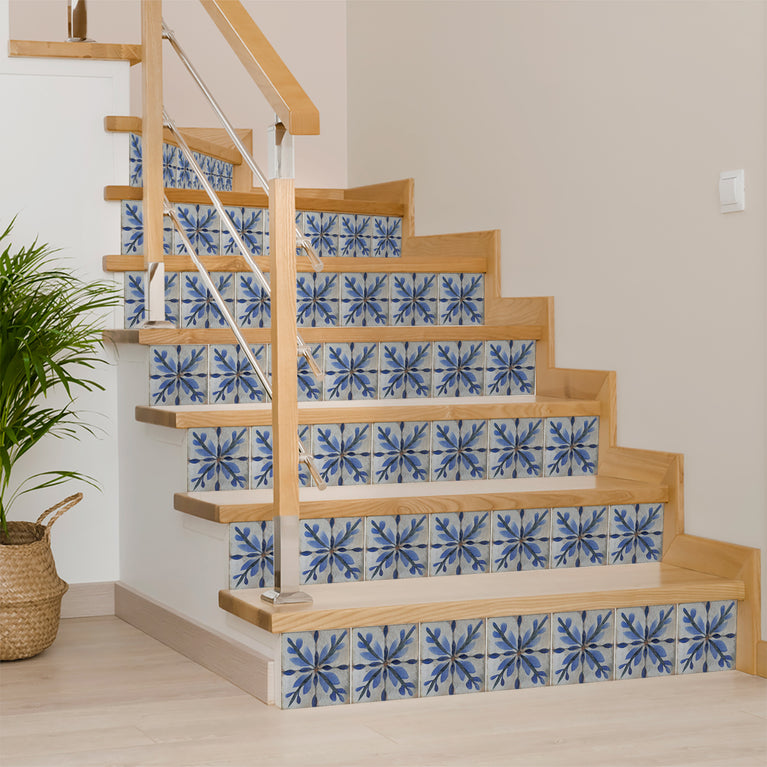 Blue Flower triangular pattern Tile Self-adhesive tiles Peel and stick stair treads Vintage tile Kitchen Trends Vintage Decor Model R162