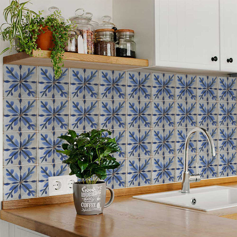 Blue Flower triangular pattern Tile Self-adhesive tiles Peel and stick stair treads Vintage tile Kitchen Trends Vintage Decor Model R162