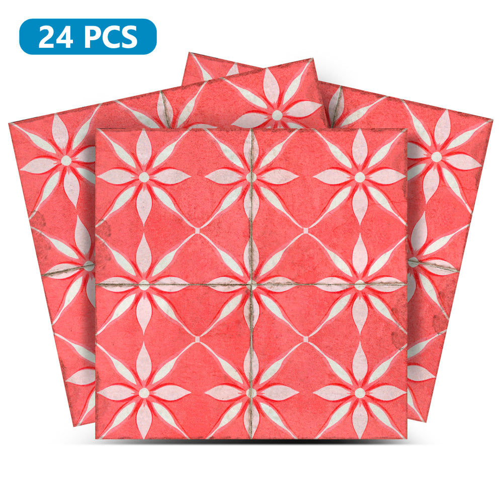Vintage Red Floral Tile Stickers – 24 Peel and Stick Decals for Kitchen, Bathroom, Fireplace, Walls, and Stairs Model - R17