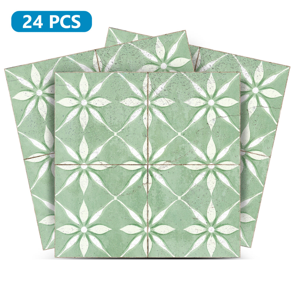 Green Vintage Peel And Stick Tile Stickers White Flower Pattern R200 Model - R200