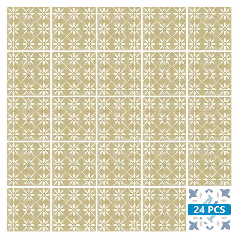 Gold Yellow Vintage Peel And Stick Tile Stickers White Flower Pattern Model - R208