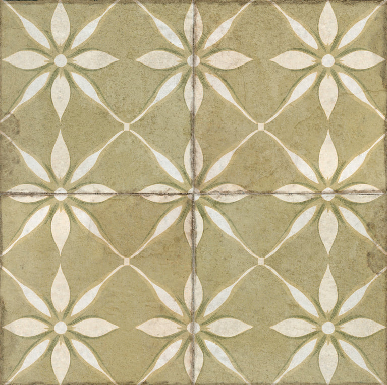 Dark Khaki Vintage Peel And Stick Tile Stickers White Flower Pattern Model - R209