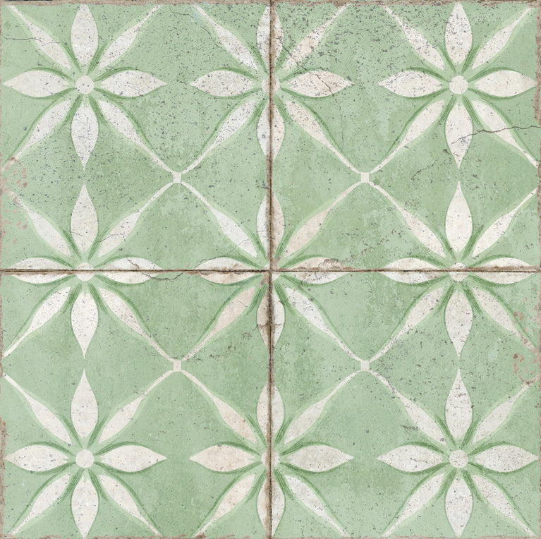 Light Green Vintage Peel And Stick Tile Stickers White Flower Pattern Model - R210