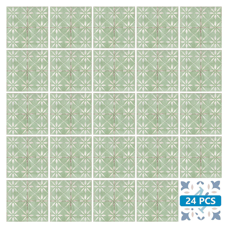 Light Green Vintage Peel And Stick Tile Stickers White Flower Pattern Model - R210