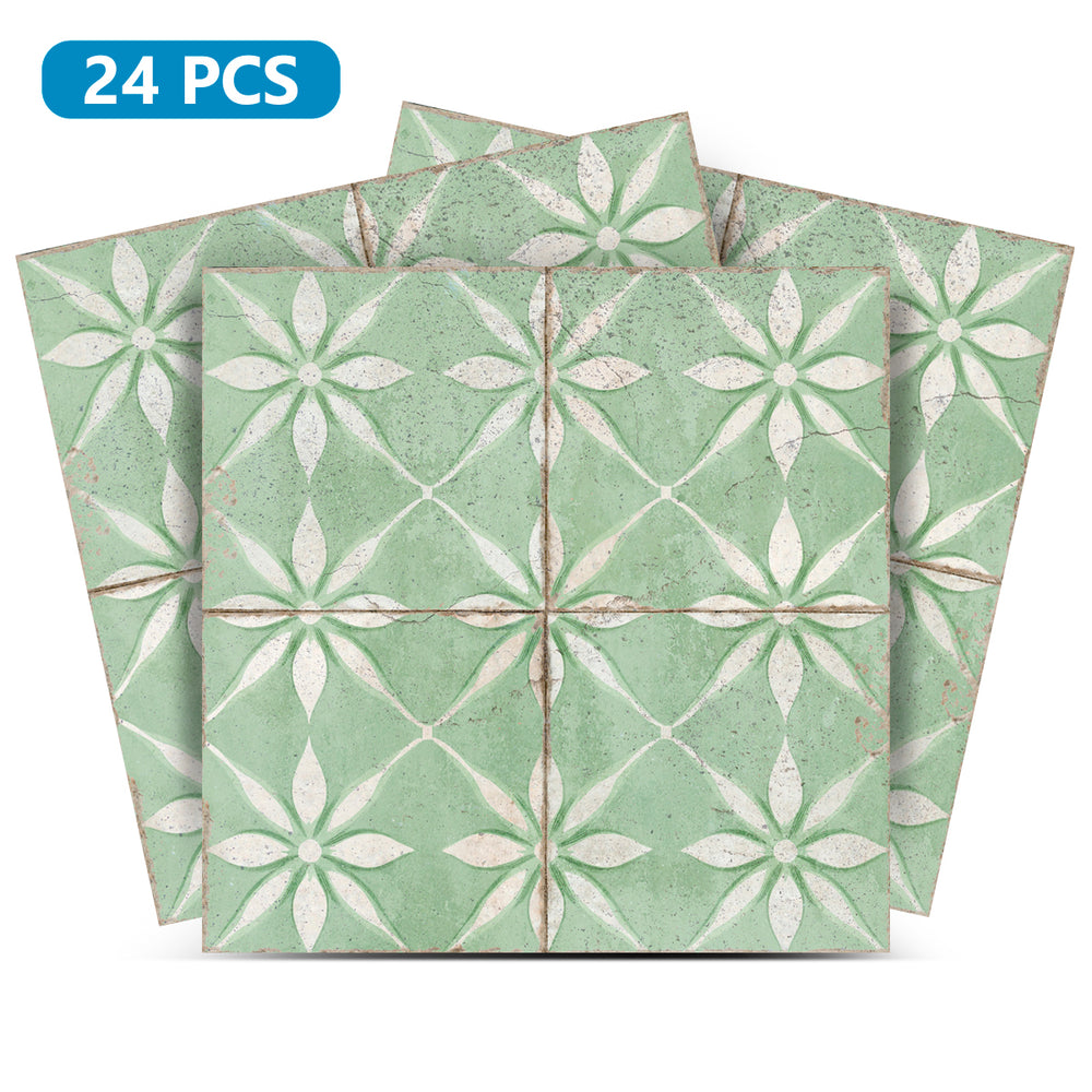 Light Green Vintage Peel And Stick Tile Stickers White Flower Pattern Model - R210