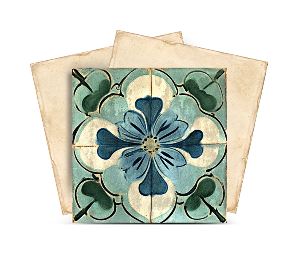 Vintage Blue Green Floral Medallion Peel and Stick Backsplash Tile – Mediterranean Spanish-Inspired Decorative Ceramic Pattern Self-Adhesive Wall Panels for Kitchen and Bathroom- R2121