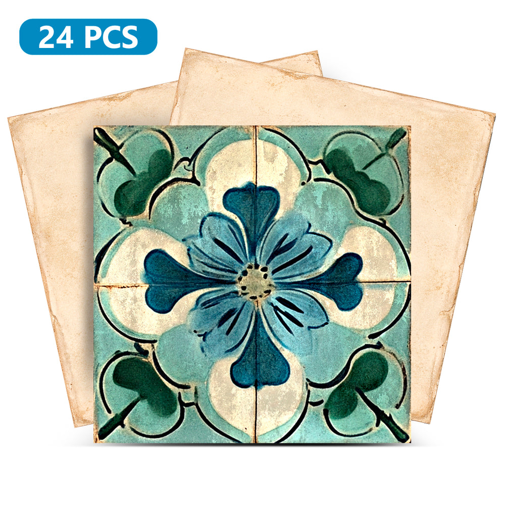 Vintage Blue Green Floral Medallion Peel and Stick Backsplash Tile – Mediterranean Spanish-Inspired Decorative Ceramic Pattern Self-Adhesive Wall Panels for Kitchen and Bathroom- R2121