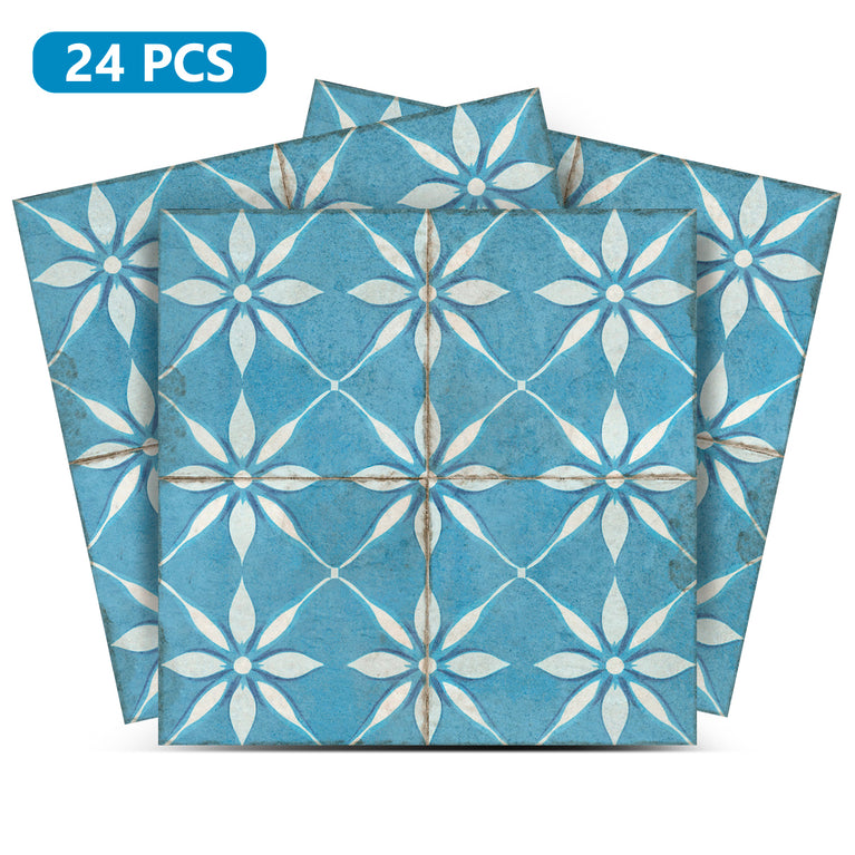 Light Blue Vintage Peel And Stick Tile Stickers White Flower Pattern Model - R212