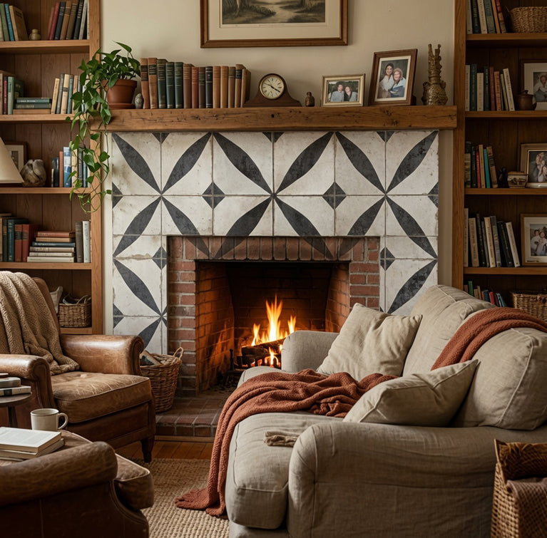 Vintage Black & White Floral Starburst Geometric Peel and Stick Backsplash Tile - R215