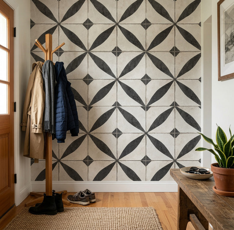 Vintage Black & White Floral Starburst Geometric Peel and Stick Backsplash Tile - R215