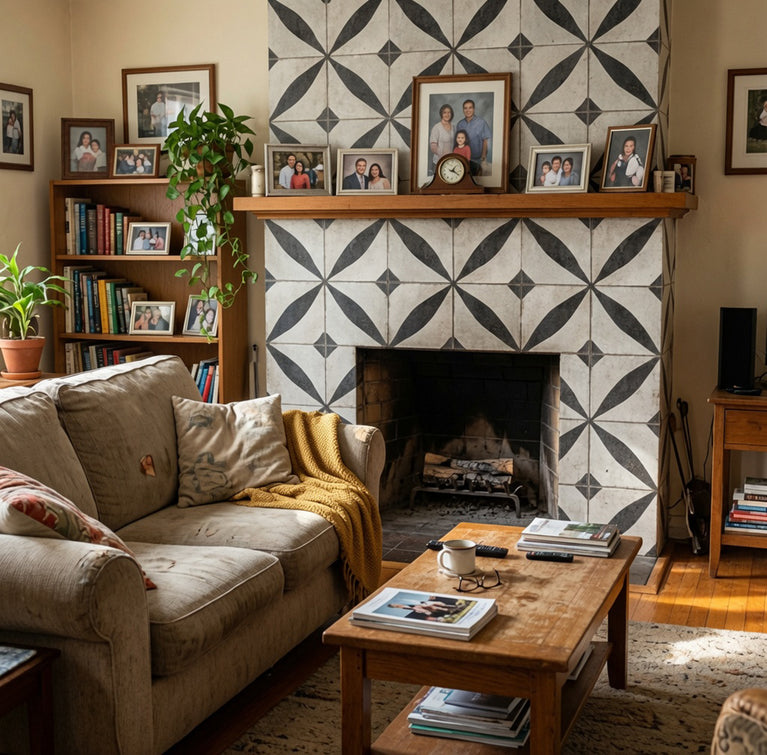 Vintage Black & White Floral Starburst Geometric Peel and Stick Backsplash Tile - R215