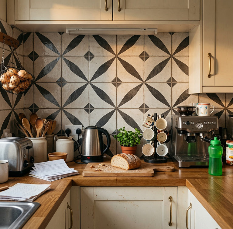 Vintage Black & White Floral Starburst Geometric Peel and Stick Backsplash Tile - R215