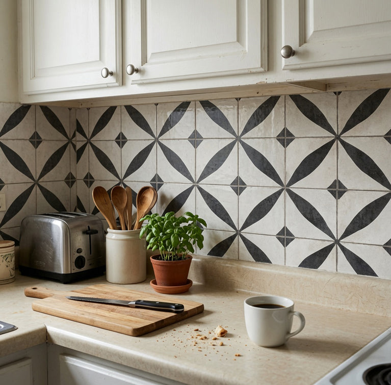 Vintage Black & White Floral Starburst Geometric Peel and Stick Backsplash Tile - R215