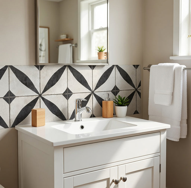 Vintage Black & White Floral Starburst Geometric Peel and Stick Backsplash Tile - R215