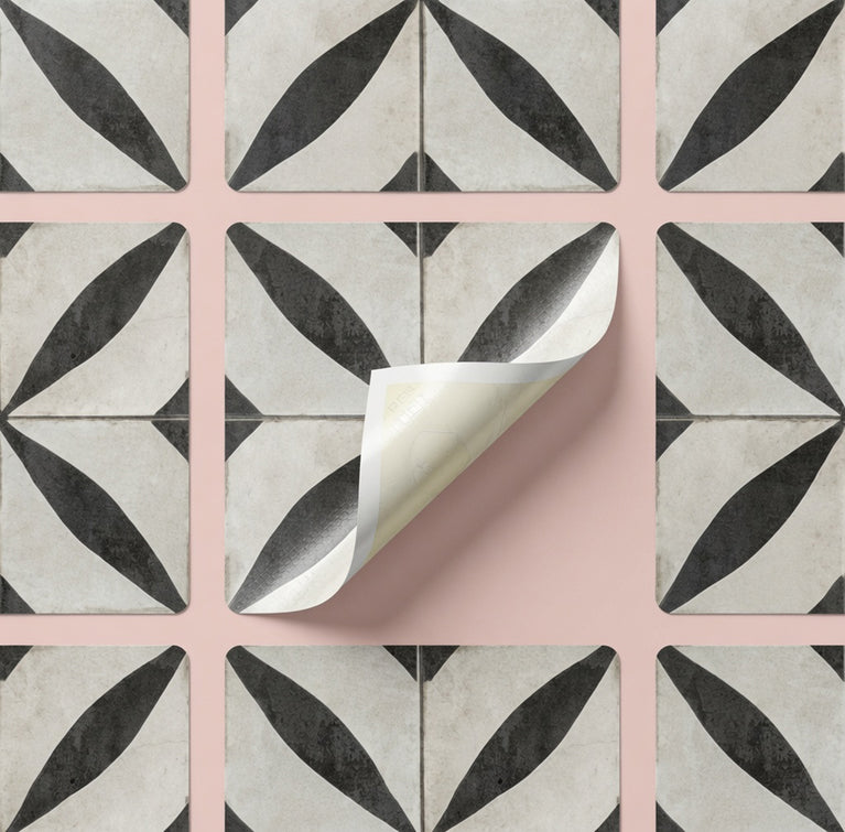 Vintage Black & White Floral Starburst Geometric Peel and Stick Backsplash Tile - R215