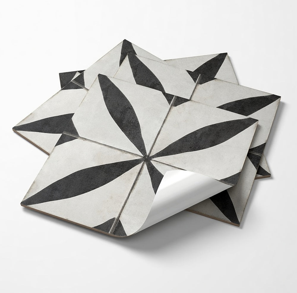 Vintage Black & White Floral Starburst Geometric Peel and Stick Backsplash Tile - R215