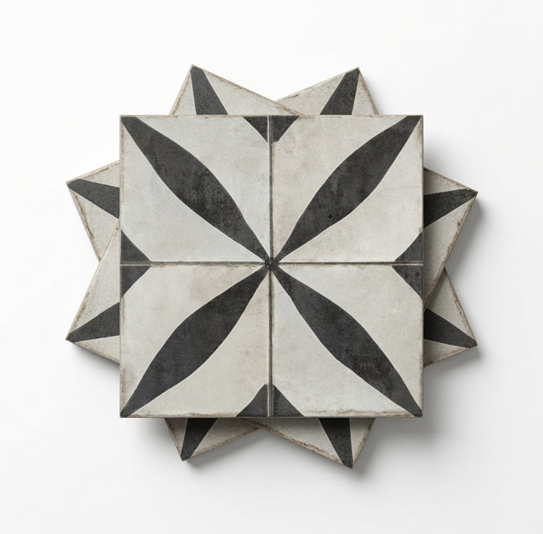Vintage Black & White Floral Starburst Geometric Peel and Stick Backsplash Tile - R215