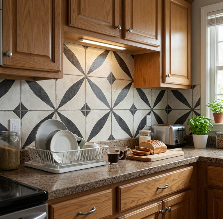 Vintage Black & White Floral Starburst Geometric Peel and Stick Backsplash Tile - R215