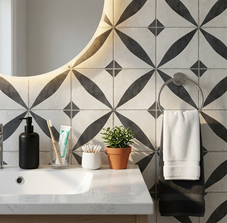 Vintage Black & White Floral Starburst Geometric Peel and Stick Backsplash Tile - R215