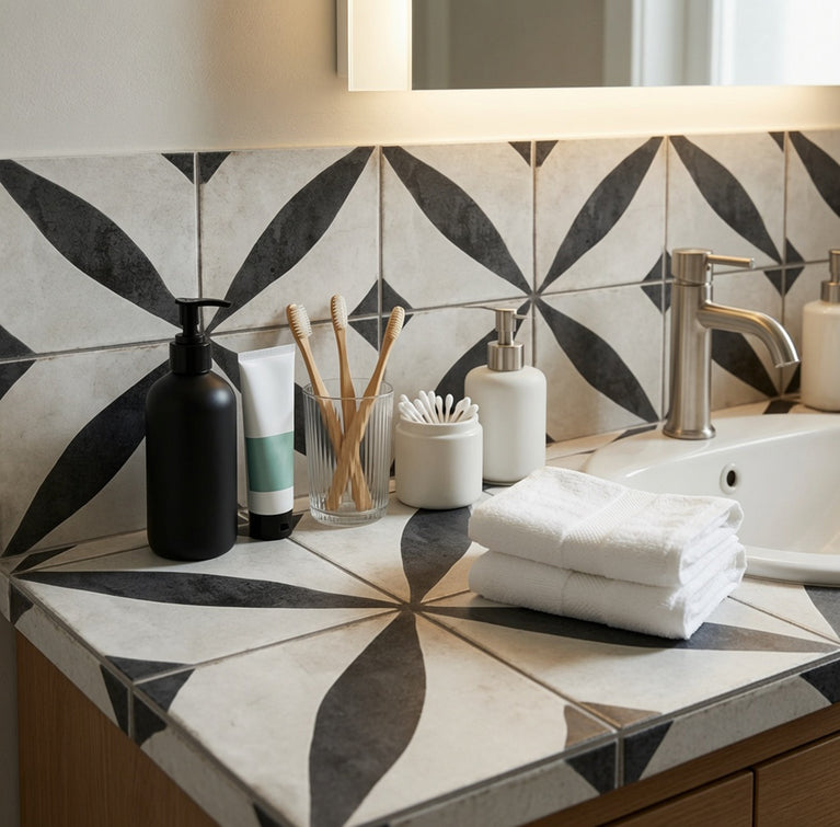 Vintage Black & White Floral Starburst Geometric Peel and Stick Backsplash Tile - R215
