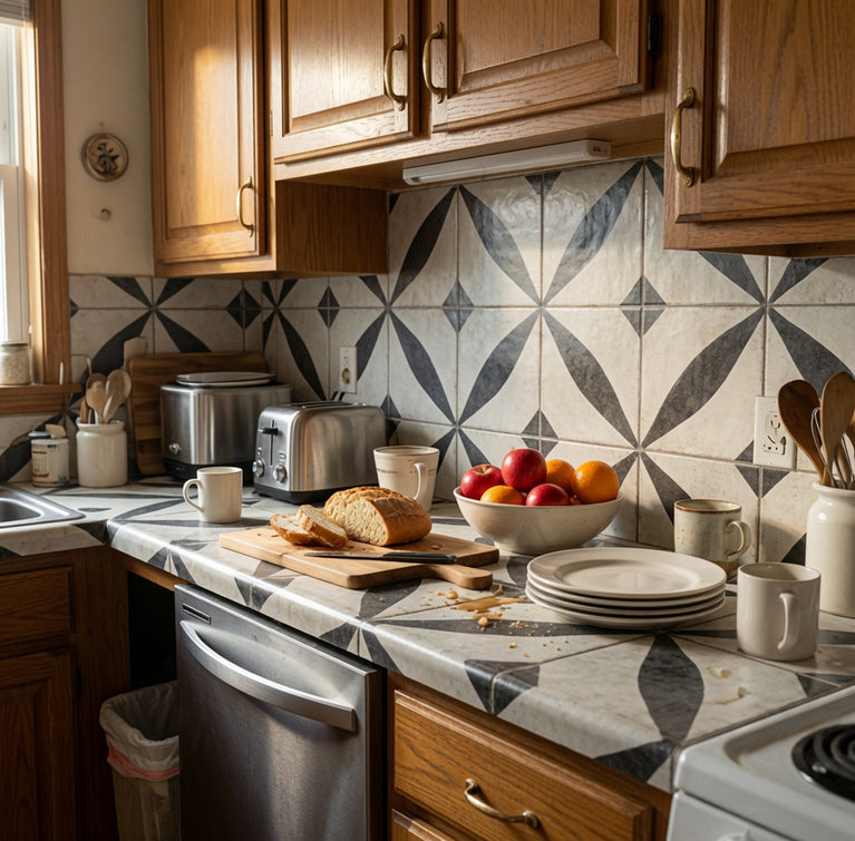 Vintage Black & White Floral Starburst Geometric Peel and Stick Backsplash Tile - R215