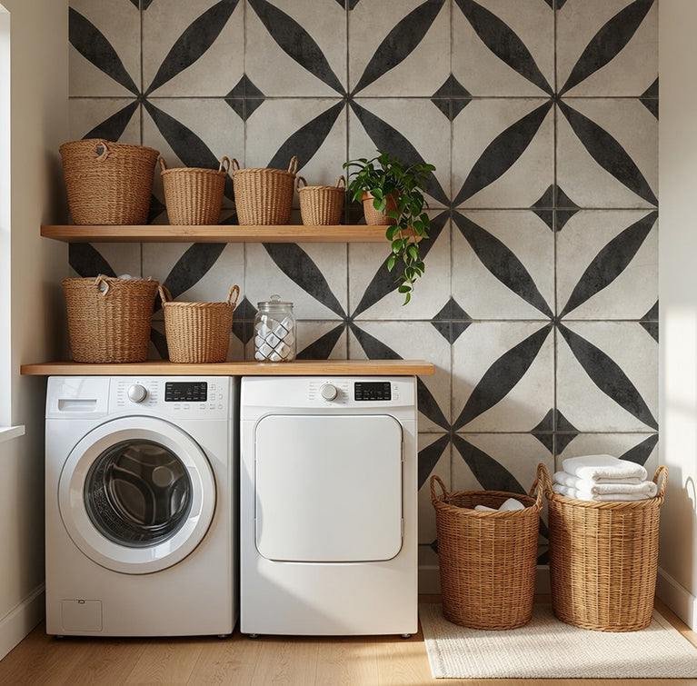Vintage Black & White Floral Starburst Geometric Peel and Stick Backsplash Tile - R215