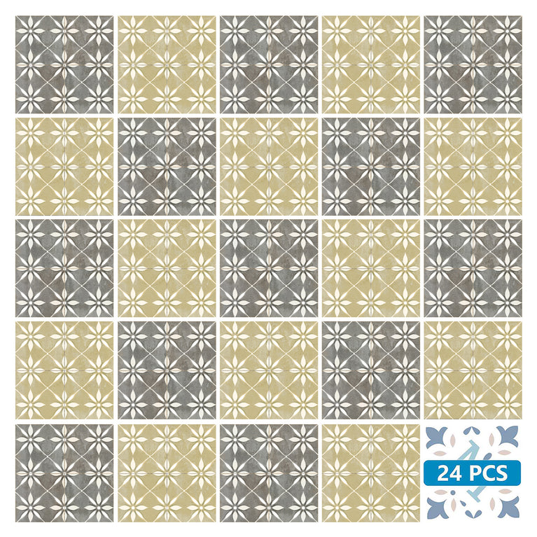 Grey Gold Yellow Vintage Peel And Stick Tile Stickers White Flower Pattern Model - R278