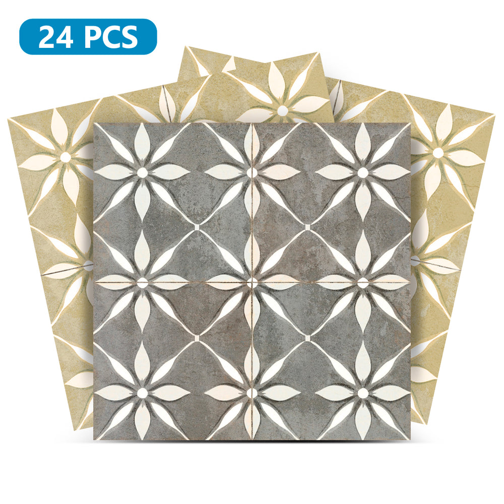 Grey Gold Yellow Vintage Peel And Stick Tile Stickers White Flower Pattern Model - R278