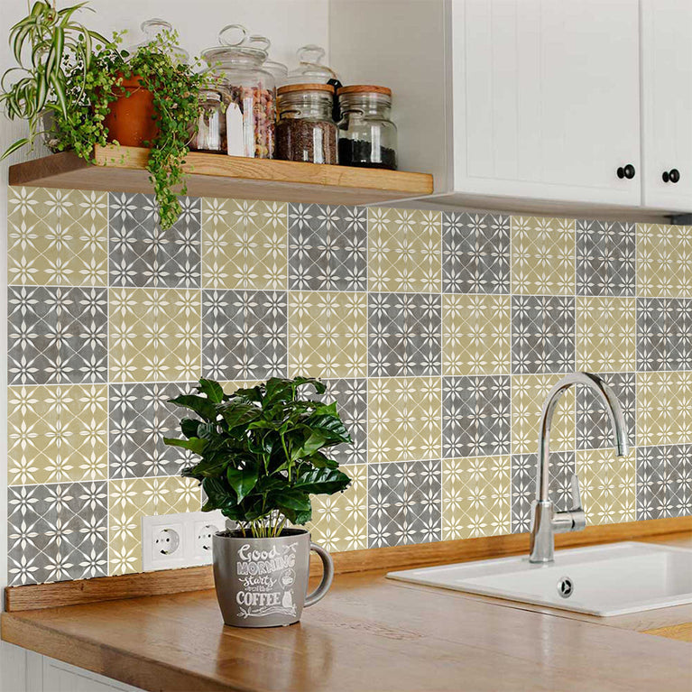 Grey Gold Yellow Vintage Peel And Stick Tile Stickers White Flower Pattern Model - R278