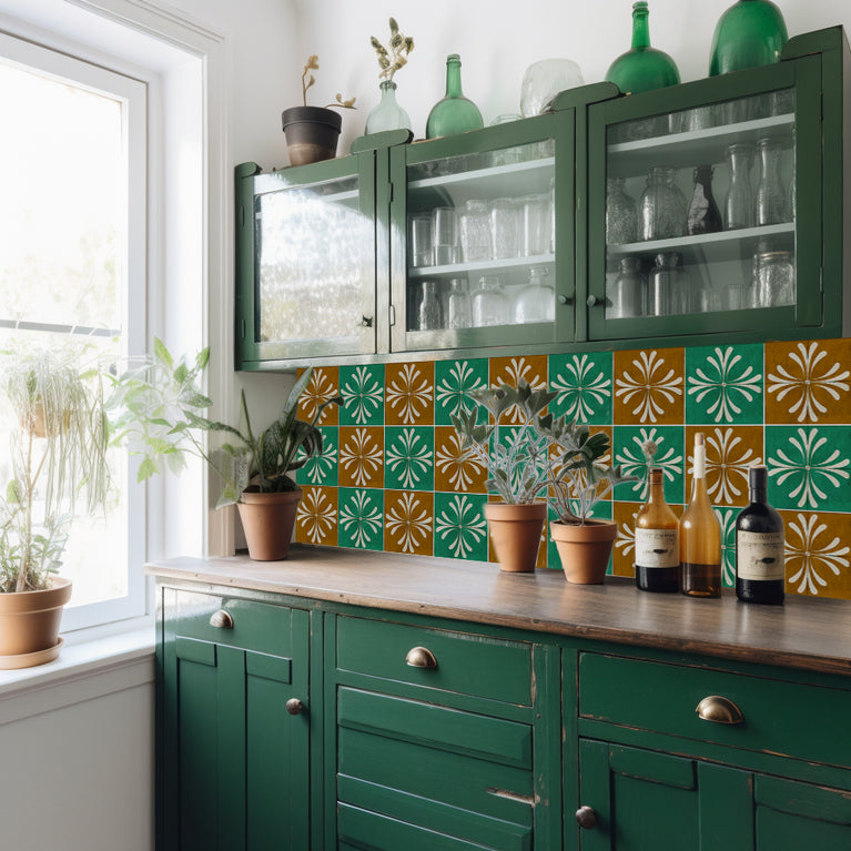 Green and Brown Vintage Flower Design for kitchen renovation Tile Stickers Model - R305