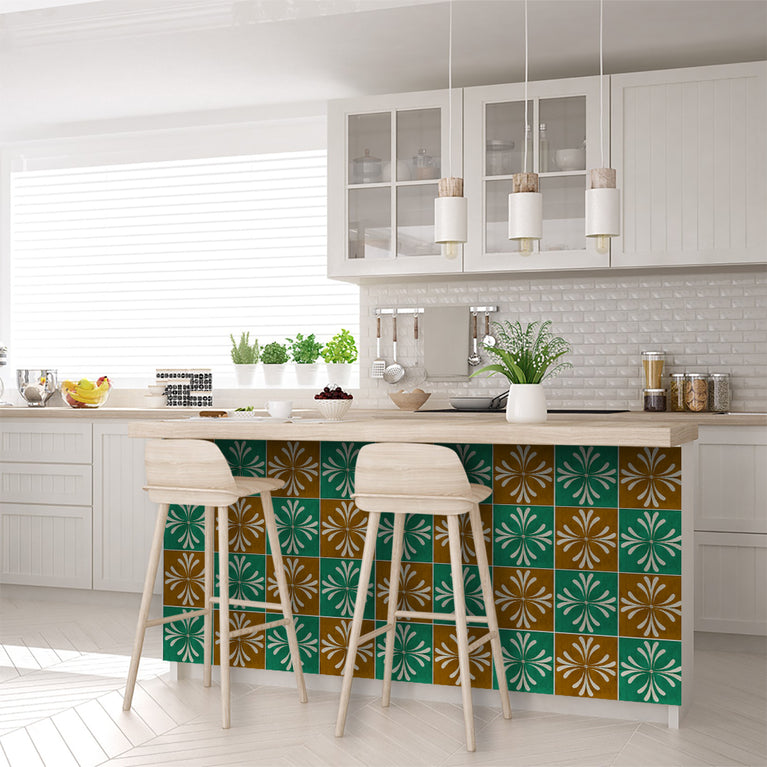 Green and Brown Vintage Flower Design for kitchen renovation Tile Stickers Model - R305