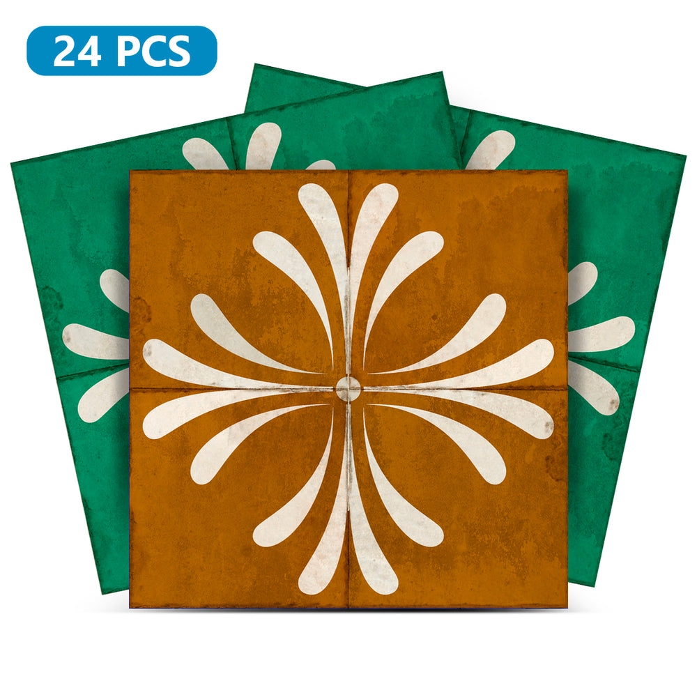 Green Gold Brown Vintage Flower Design Tile Stickers Model - R305