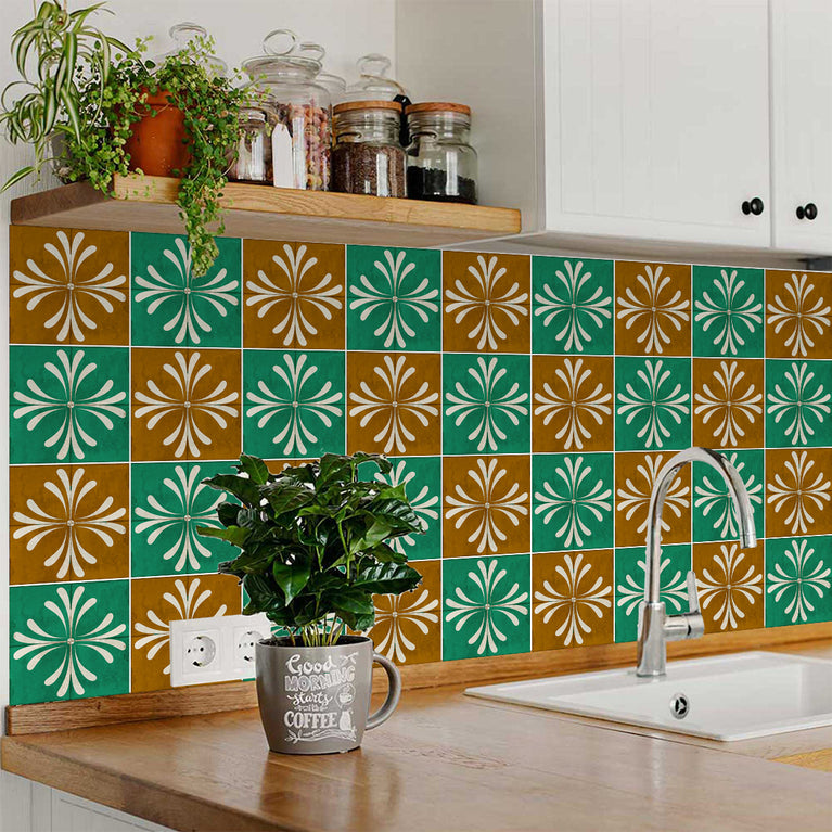 Green and Brown Vintage Flower Design for kitchen renovation Tile Stickers Model - R305