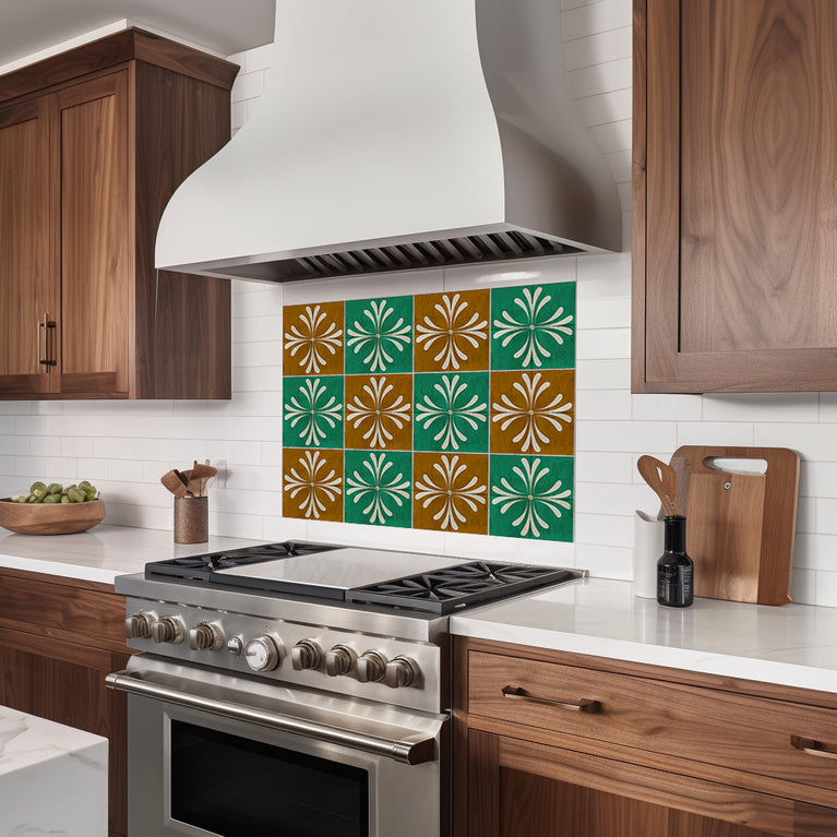 Green and Brown Vintage Flower Design for kitchen renovation Tile Stickers Model - R305