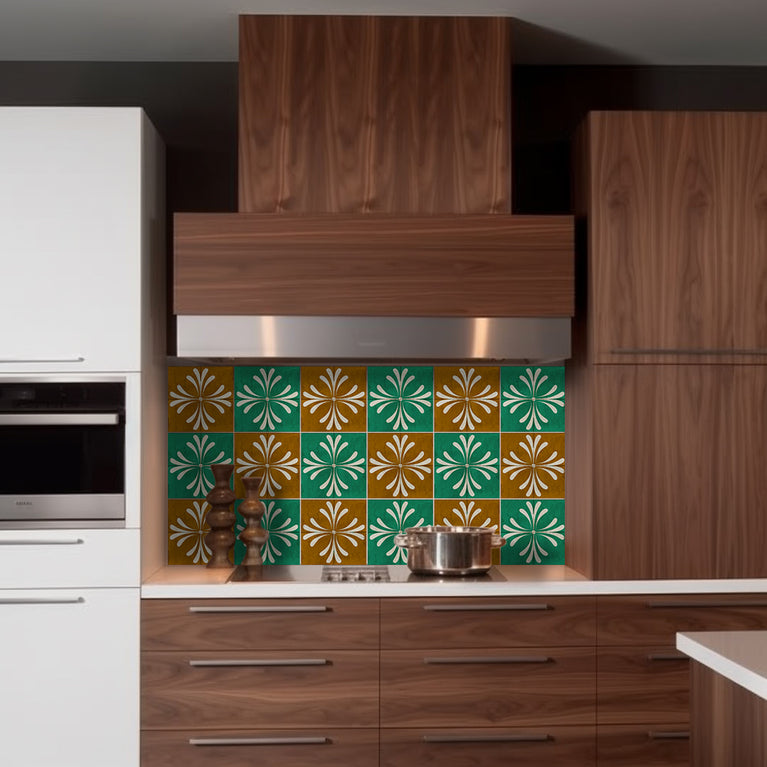 Green and Brown Vintage Flower Design for kitchen renovation Tile Stickers Model - R305