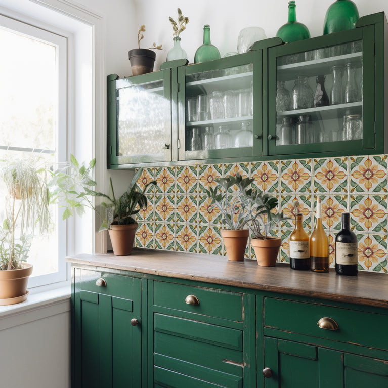 Rustic Flower Oramge Green Backsplash for kitchen tiles makeover easy to install Model - R342