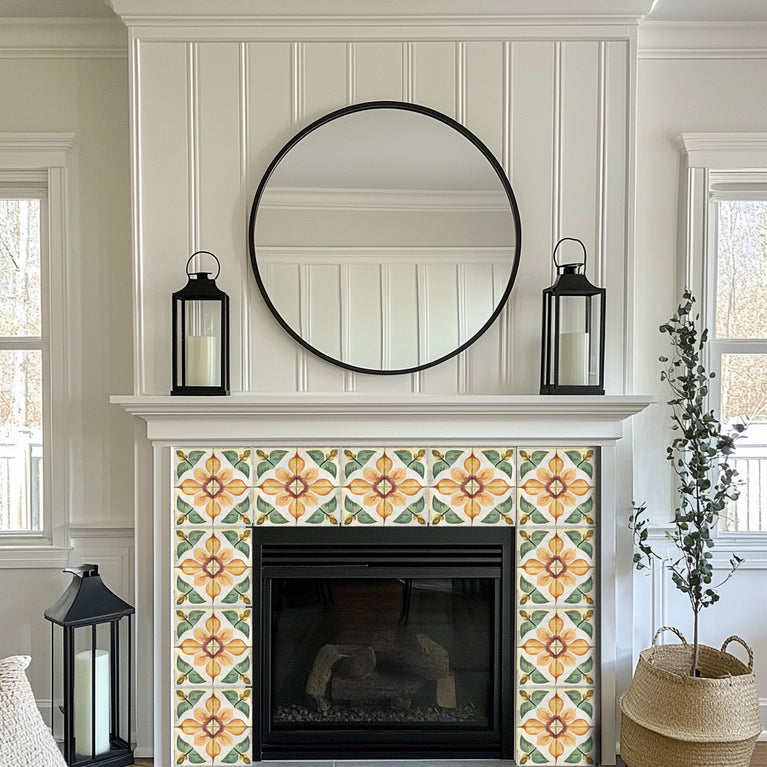 Rustic Flower Oramge Green Backsplash for kitchen tiles makeover easy to install Model - R342