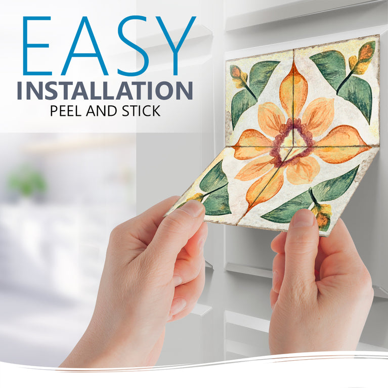 Rustic Flower Oramge Green Backsplash for kitchen tiles makeover easy to install Model - R342