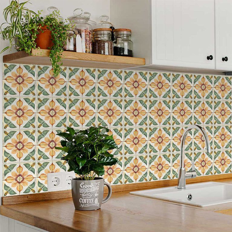 Rustic Flower Oramge Green Backsplash for kitchen tiles makeover easy to install Model - R342