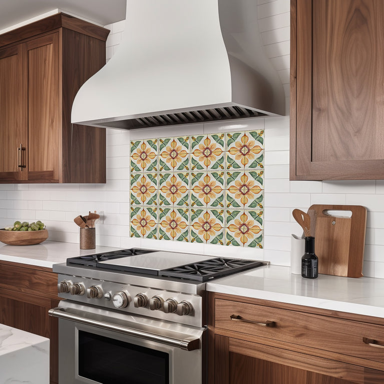 Rustic Flower Oramge Green Backsplash for kitchen tiles makeover easy to install Model - R342