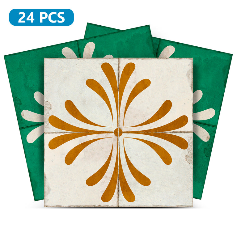 Green Beige Gold Vintage Flower Design Tile Stickers Model - R455