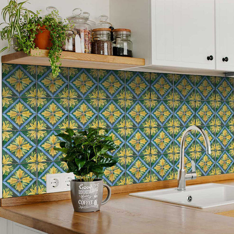 Green and Yellow flower pattern Durable Floor Tiles for home renovation Model - R48