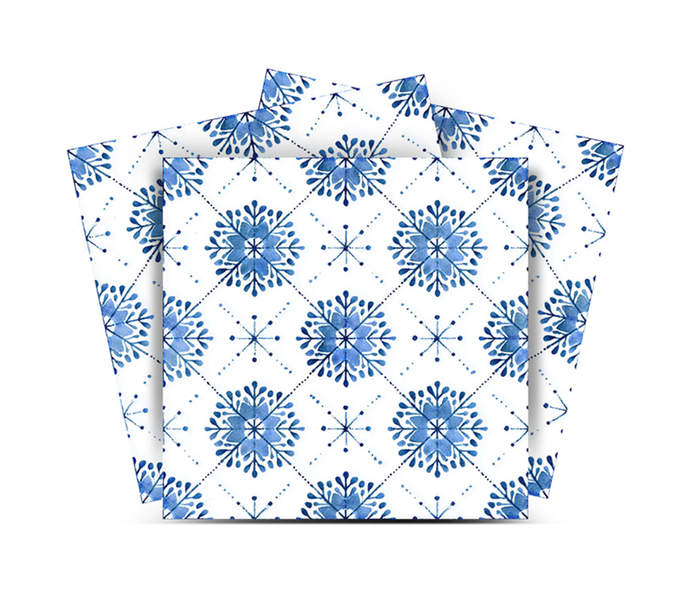 Blue Watercolor Snowflake Peel and Stick Wall Tiles, Scandinavian Nordic Geometric Snowflake Pattern Decorative Self-Adhesive Vinyl Tile Stickers - R74