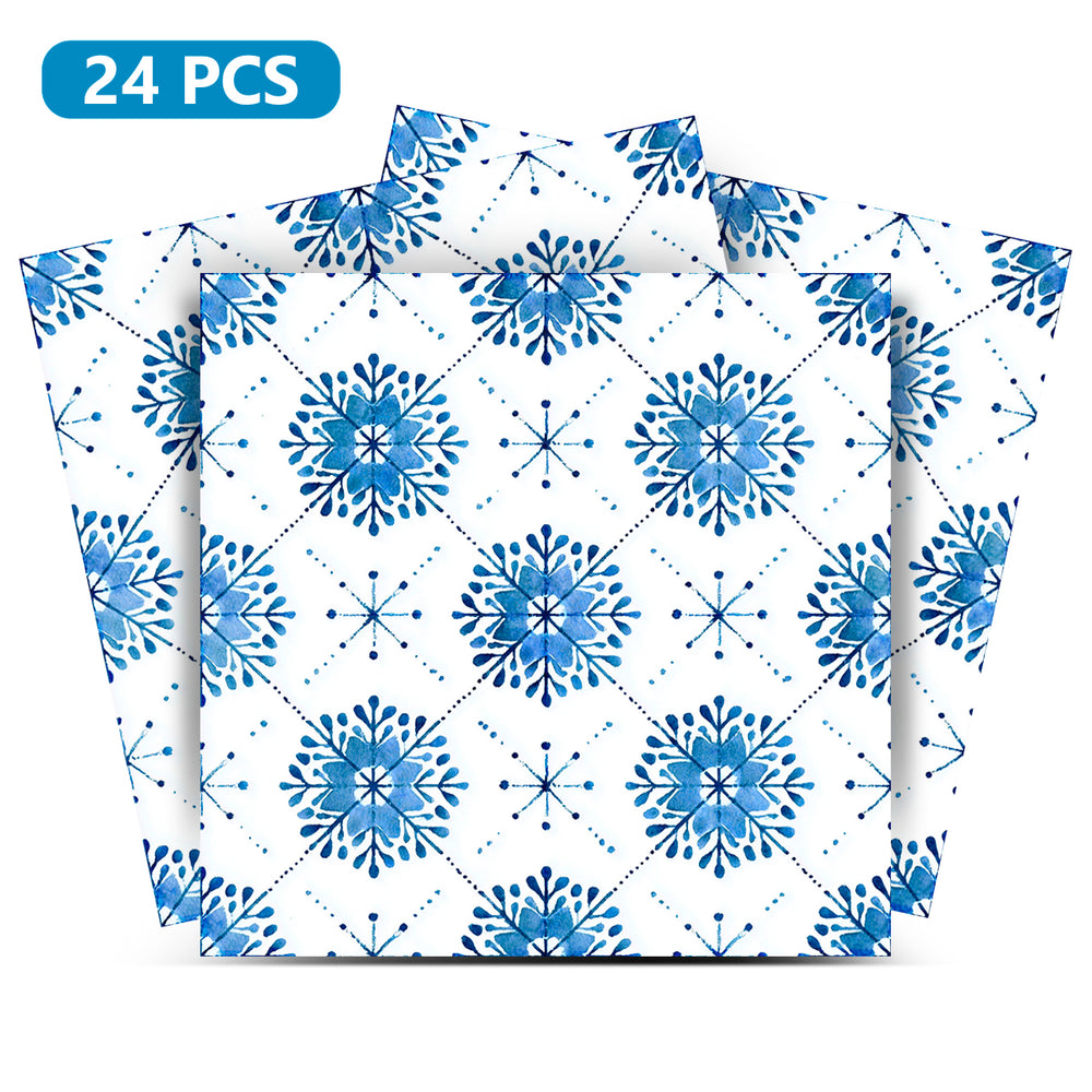 Blue Watercolor Snowflake Peel and Stick Wall Tiles, Scandinavian Nordic Geometric Snowflake Pattern Decorative Self-Adhesive Vinyl Tile Stickers - R74