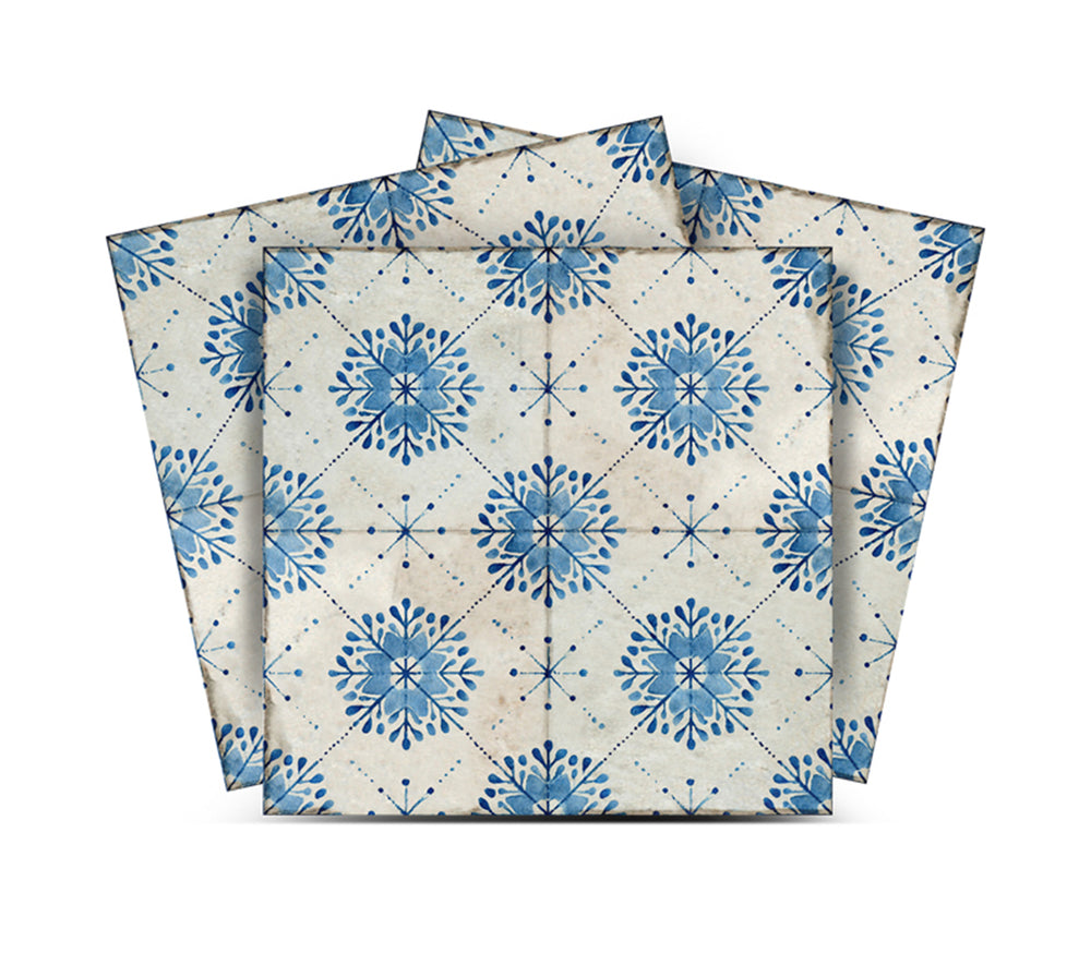 Blue Watercolor Snowflake Backsplash Tile Stickers, Vintage Nordic Geometric Floral Peel and Stick Self-Adhesive Wall Tiles - R75