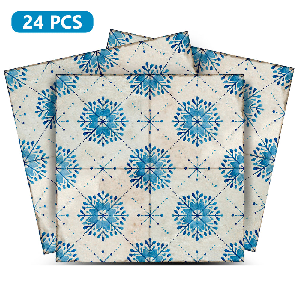 Blue Watercolor Snowflake Backsplash Tile Stickers, Vintage Nordic Geometric Floral Peel and Stick Self-Adhesive Wall Tiles - R75