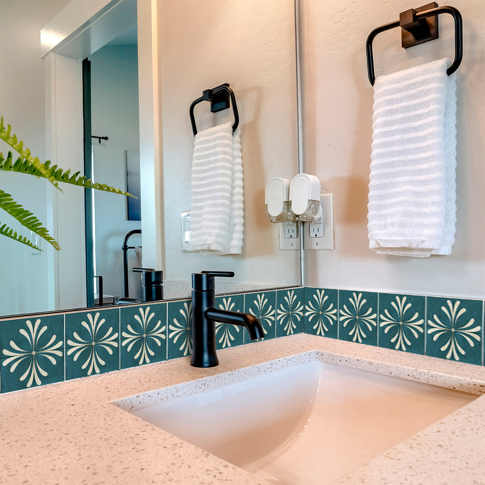 Bold Teal Floral Tile Stickers – Peel and Stick Waterproof Tiles for Bathroom, Kitchen, Furniture & Accent Walls Model- R79